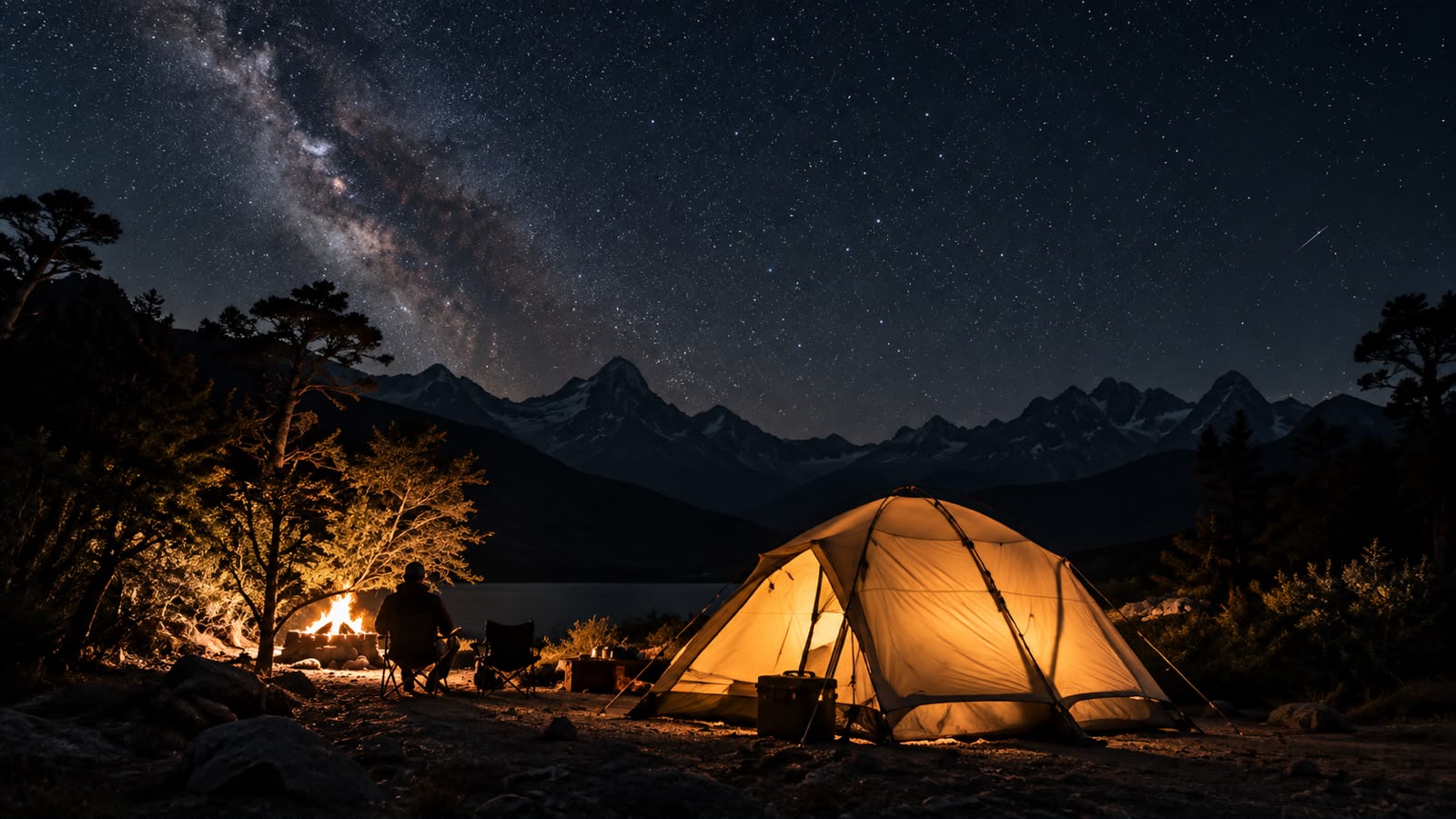 Campamento iluminado bajo la Vía Láctea, con fogata encendida frente a una cordillera nevada